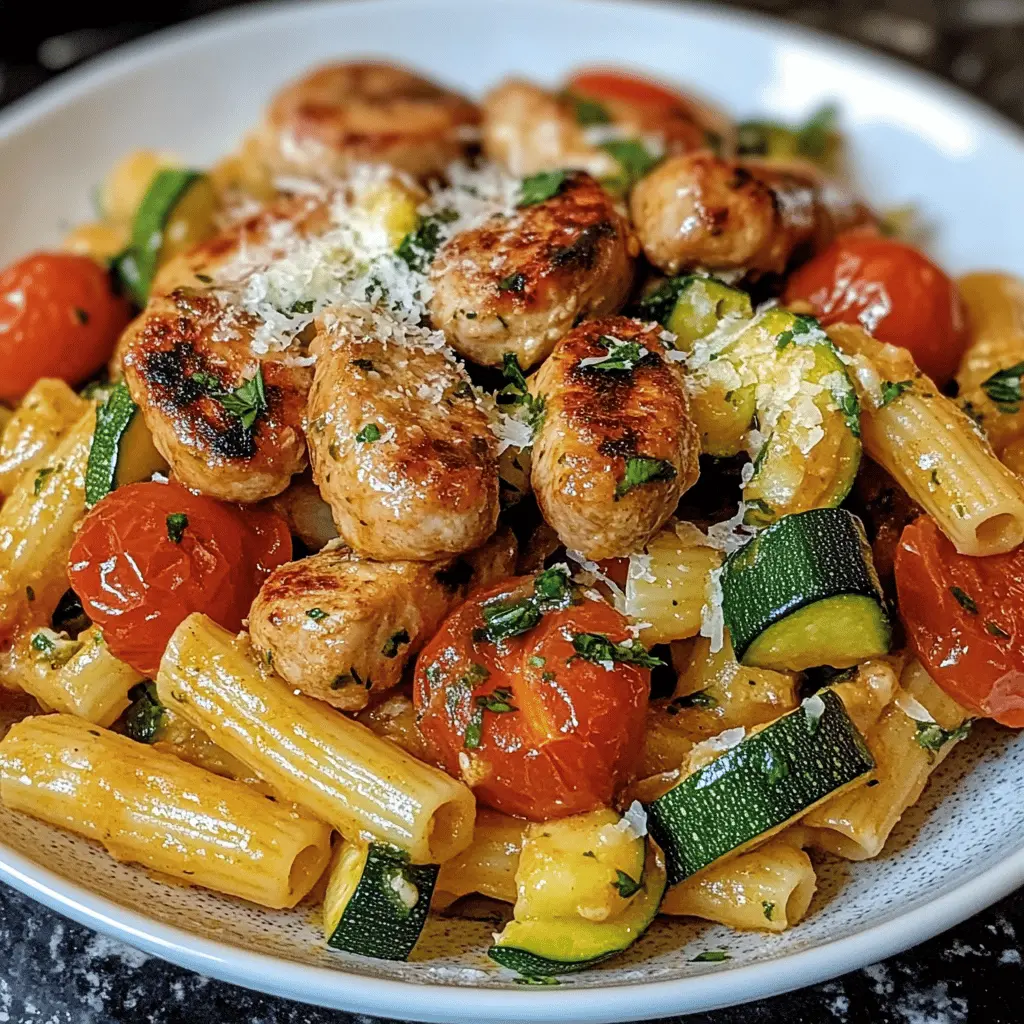 This delightful Chicken Sausages with Zucchini, Tomatoes, and Pasta dish is a quick and healthy meal everyone will love! Bursting with flavor from fresh zucchini and juicy tomatoes, it's perfect for weeknight dinners. Save this recipe for an easy go-to option that combines protein and veggies in one tasty bowl! Ideal for family gatherings or a cozy evening at home.
