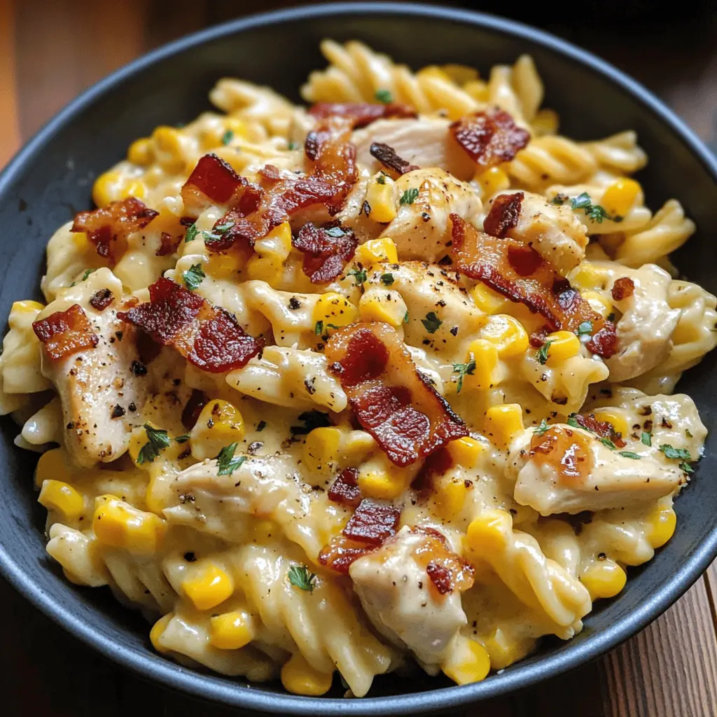 This Creamy Chicken and Corn Pasta with Bacon is a comforting and delicious dish that's perfect for any weeknight dinner! The tender chicken, sweet corn, and crispy bacon come together in a rich, creamy sauce that will have everyone asking for seconds. Save this recipe for a cozy family meal or when friends come over. You won't want to miss out on this flavorful bowl!