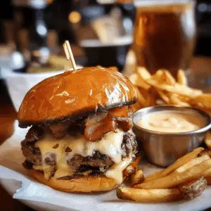 Satisfy your taste buds with this Delicious Irish Pub Burger! Bursting with juicy flavors, this burger features a perfectly seasoned beef patty topped with melted cheddar, crispy bacon, and zesty onion rings. Ideal for game nights or casual gatherings, don’t forget to save this recipe for your next cookout! Enjoy a taste of the pub right at home.