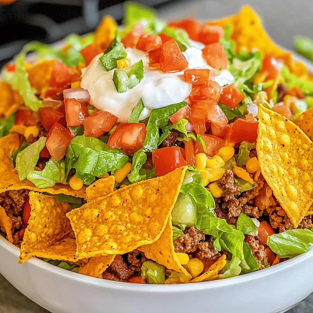 This Doritos Taco Salad brings together the crunch of Doritos and the zest of fresh toppings for a mouthwatering dish! Packed with ground beef, beans, cheese, and vibrant veggies, it’s perfect for parties or a quick weeknight dinner. Save this recipe for your next gathering and impress your guests with this yummy twist on a classic!