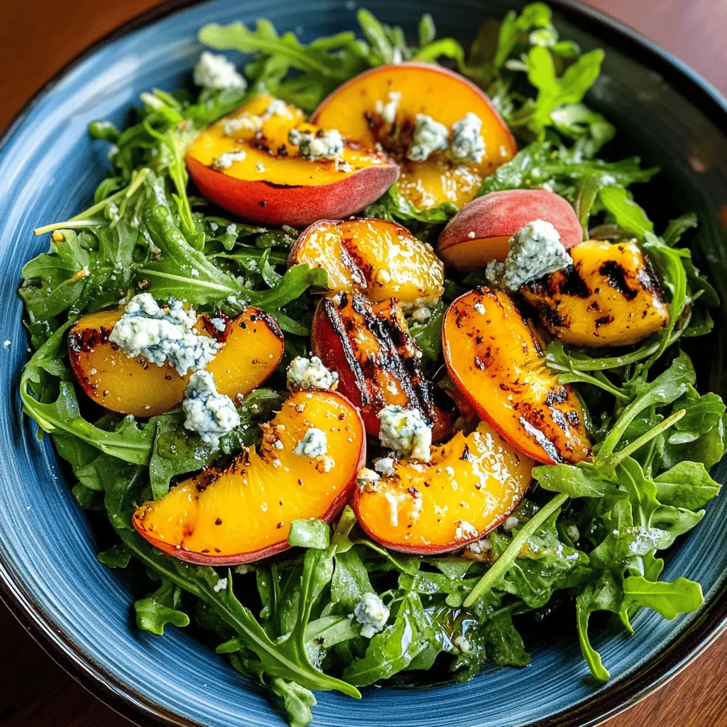 Enjoy a delightful combination of sweet and savory with this Grilled Peach and Arugula Salad featuring creamy blue cheese. The juicy peaches add a refreshing twist, while the spicy arugula and rich cheese create a perfect balance of flavors. This salad is great for summer gatherings or a light weeknight dinner. Save this recipe for a fresh and delicious dish that will impress your family and friends!