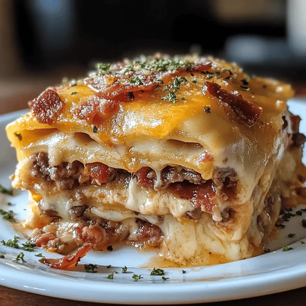 Layers of deliciousness await! This Parmesan Garlic Bacon Cheeseburger Lasagna combines hearty flavors of seasoned beef, crispy bacon, and creamy cheese, all wrapped in rich pasta layers. Perfect for family dinners or game day gatherings, this recipe is sure to impress. Save this pin for a meal that everyone will love!