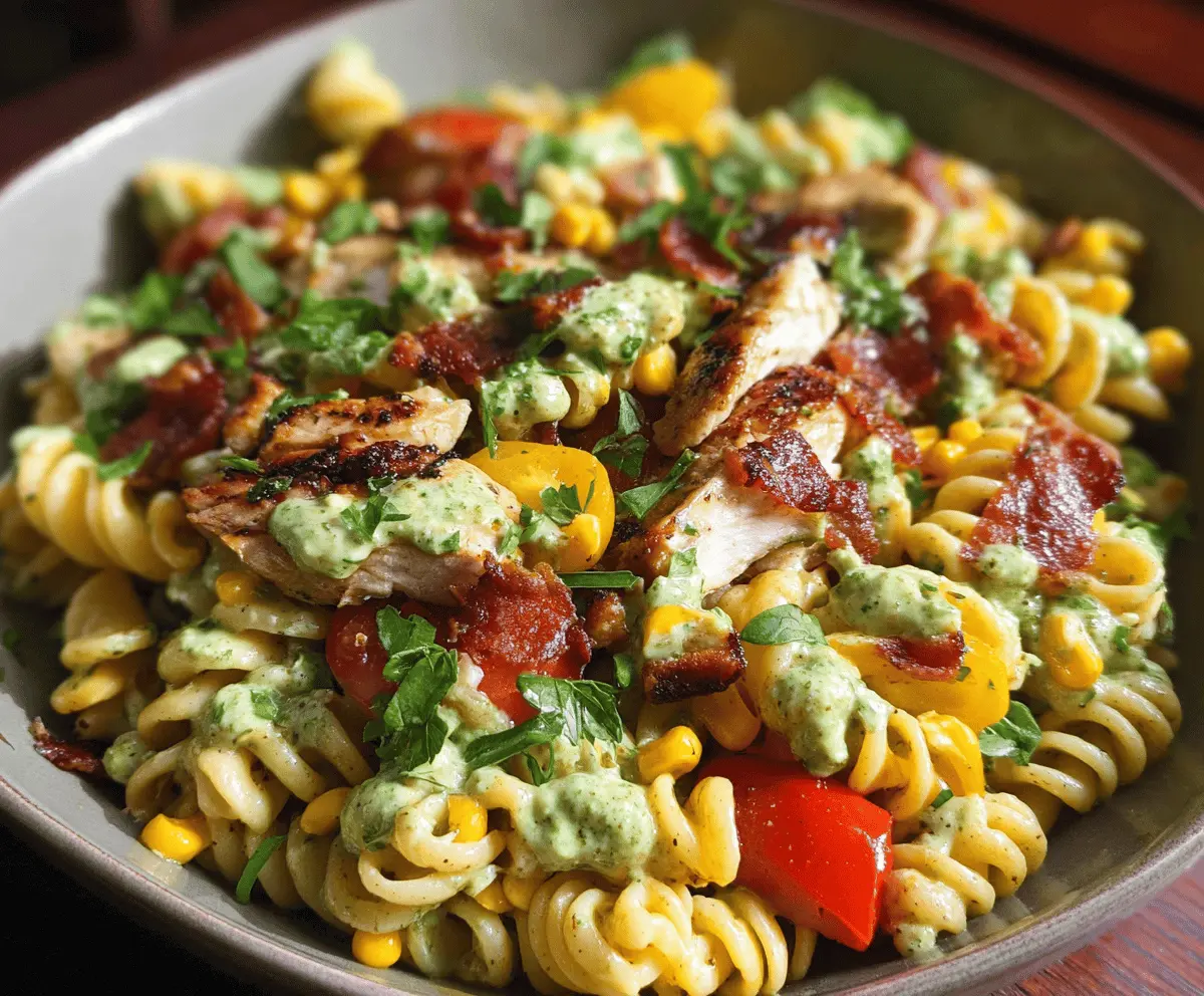 Easy Chicken Corn Pasta Salad with Creamy Pesto & Bacon