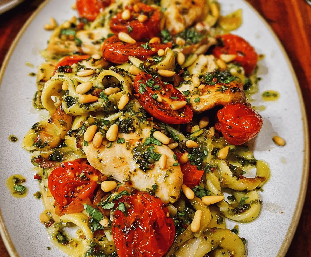 Easy Chicken Pesto Pasta with Tomatoes and Pine Nuts