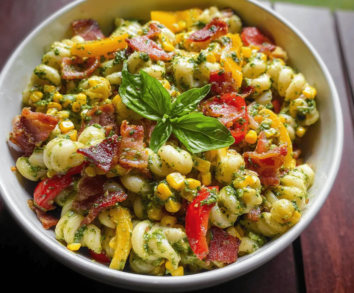 Easy Corn Pasta Salad with Bacon and Creamy Pesto