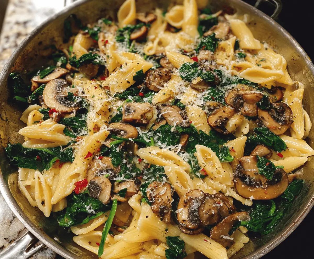 Easy Cheesy Parmesan Spinach Mushroom Pasta Skillet