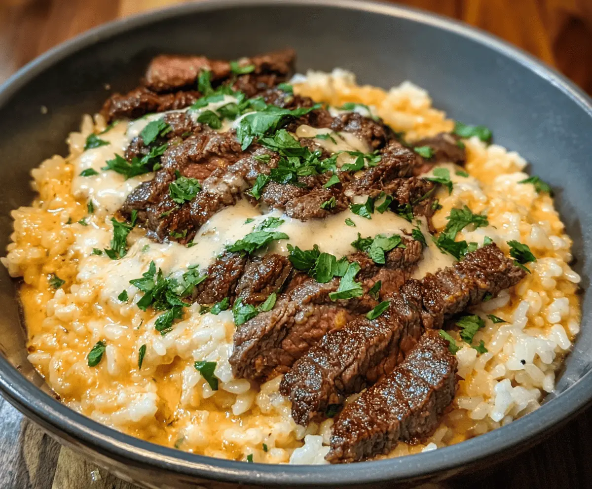 Creamy Queso Rice with Tender Steak Strips