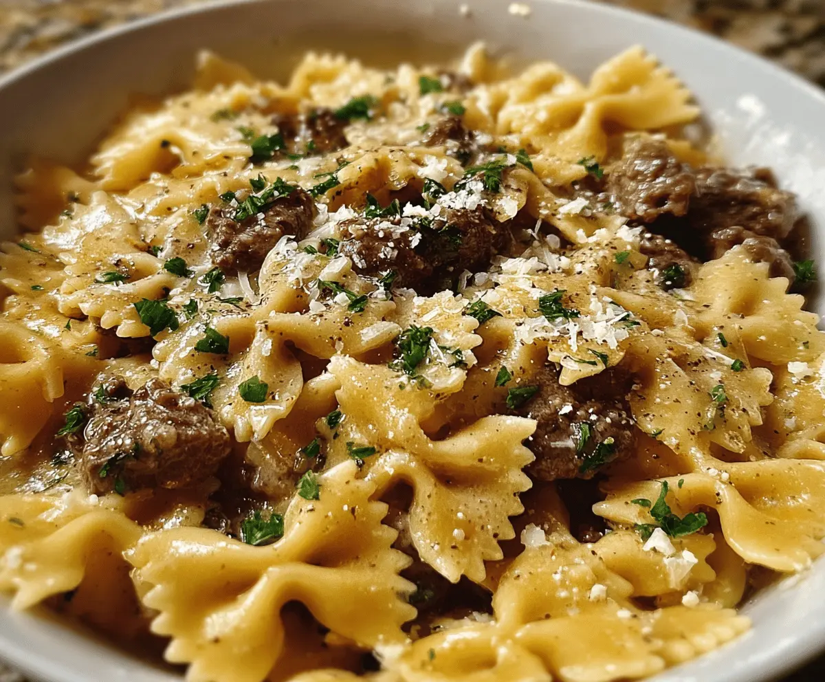 Creamy Garlic Parmesan Bowtie Pasta with Beef