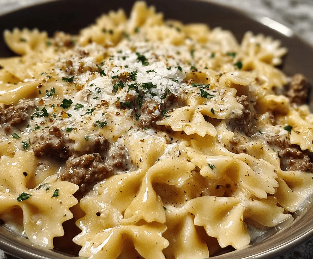 Creamy Garlic Parmesan Bowtie Pasta with Beef