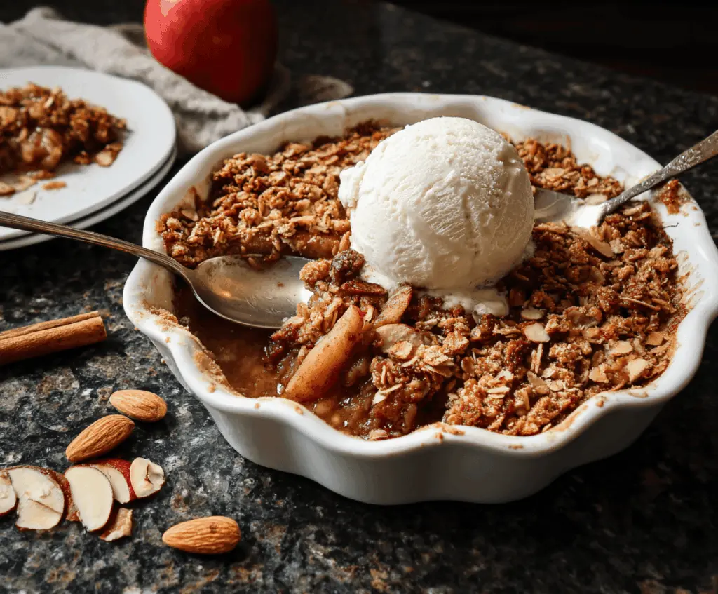 Delicious homemade almond apple crisp topped with toasted almonds and golden brown crust, served in a rustic bowl