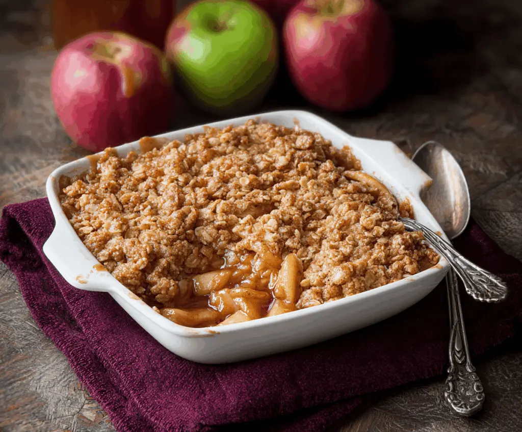 Delicious Apple Cider Glazed Apple Crisp with golden-brown topping and caramelized apple slices, perfect for fall desserts.
