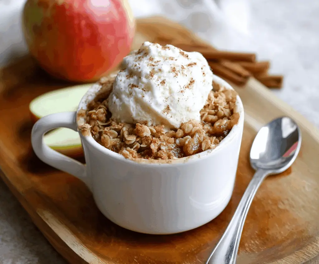 Delicious homemade apple crisp served in a mug with cinnamon and caramel topping, perfect for a cozy dessert