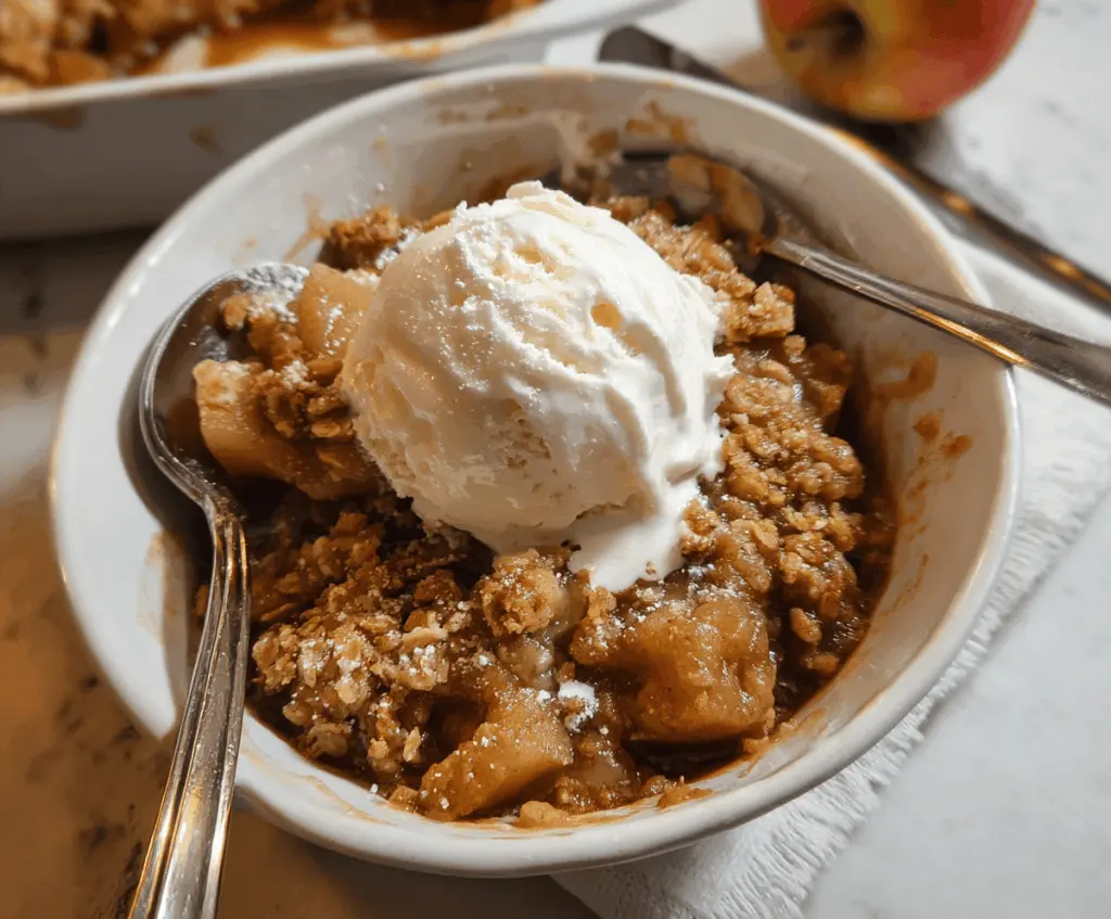 Delicious homemade Apple Pear Crisp topped with golden brown oats and cinnamon served in a rustic baking dish