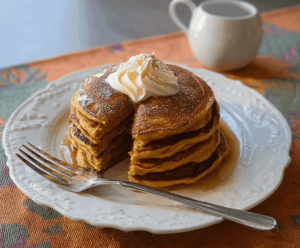 Fluffy buttermilk pumpkin pancakes topped with whipped cream and cinnamon, served on a plate for a delicious fall breakfast