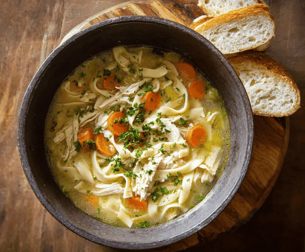 A bowl of warm chicken noodle soup garnished with fresh herbs, featuring tender chicken, vegetables, and savory broth served with a spoon.