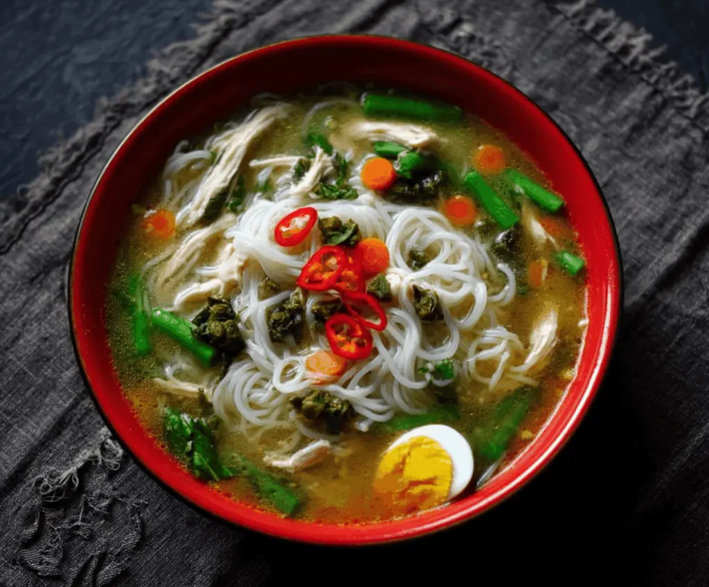 Delicious chicken rice noodle soup with tender chicken, fresh herbs, and colorful vegetables in a clear flavorful broth