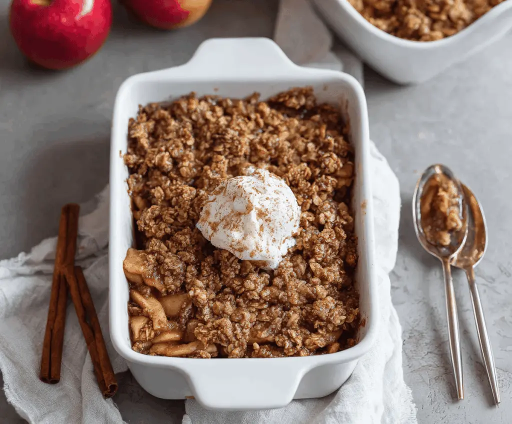 Delicious homemade cinnamon apple crisp topped with golden oats and warm cinnamon, served in a rustic baking dish, perfect for a cozy dessert