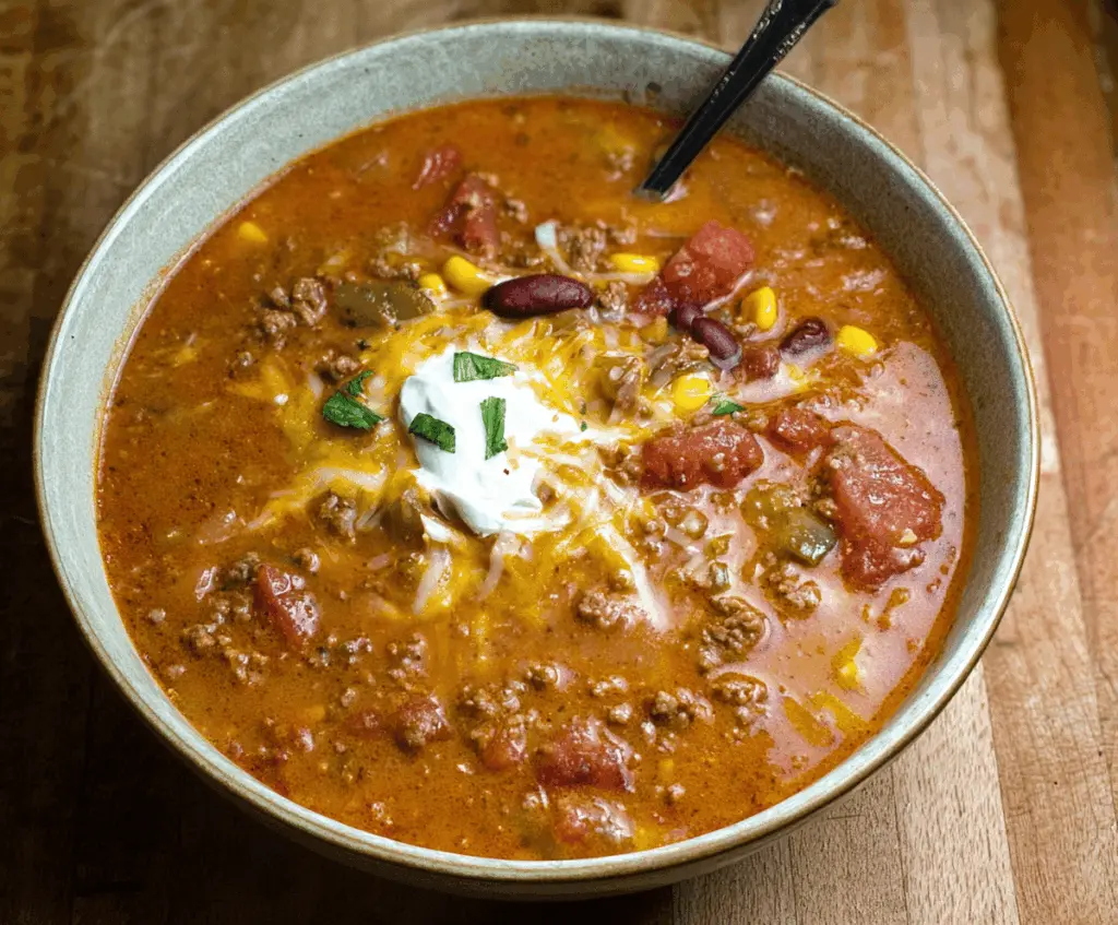 Creamy beef taco soup in a bowl topped with shredded cheese, sour cream, fresh cilantro, and diced tomatoes on a rustic wooden table.
