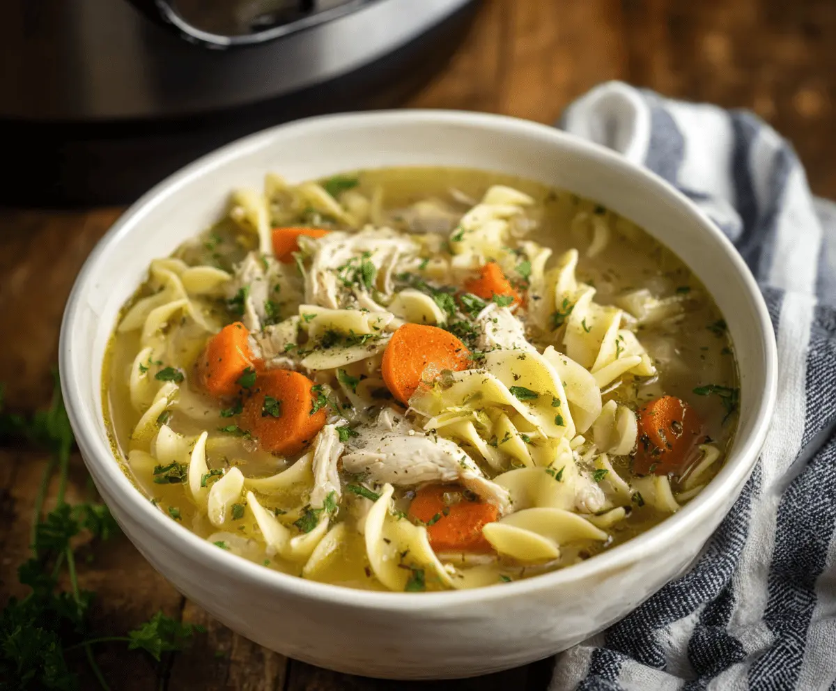 Creamy and comforting Crockpot Chicken Noodle Soup with tender chicken, vegetables, and savory broth in a slow cooker.