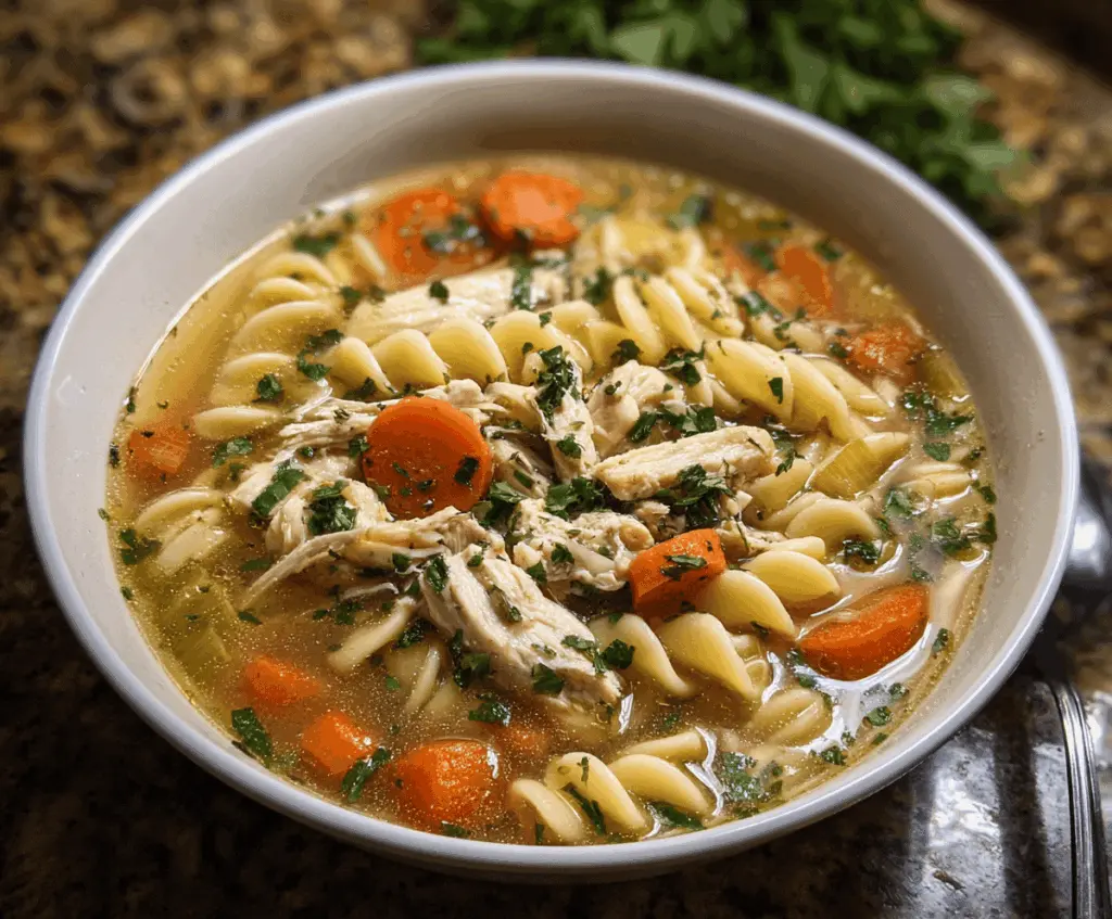 A steaming bowl of garlic herb chicken noodle soup with tender chicken, fresh herbs, vegetables, and noodles in a savory broth, perfect for a comforting meal.
