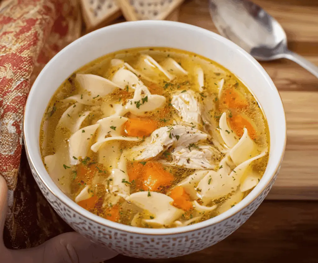 A steaming bowl of homemade Grandma’s Chicken Noodle Soup garnished with fresh herbs, carrots, and celery, served in a rustic bowl on a wooden table.