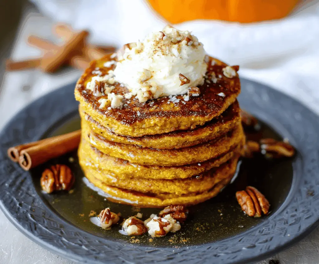 Delicious and fluffy healthy pumpkin pancakes topped with fresh berries and maple syrup, perfect for a nutritious breakfast.