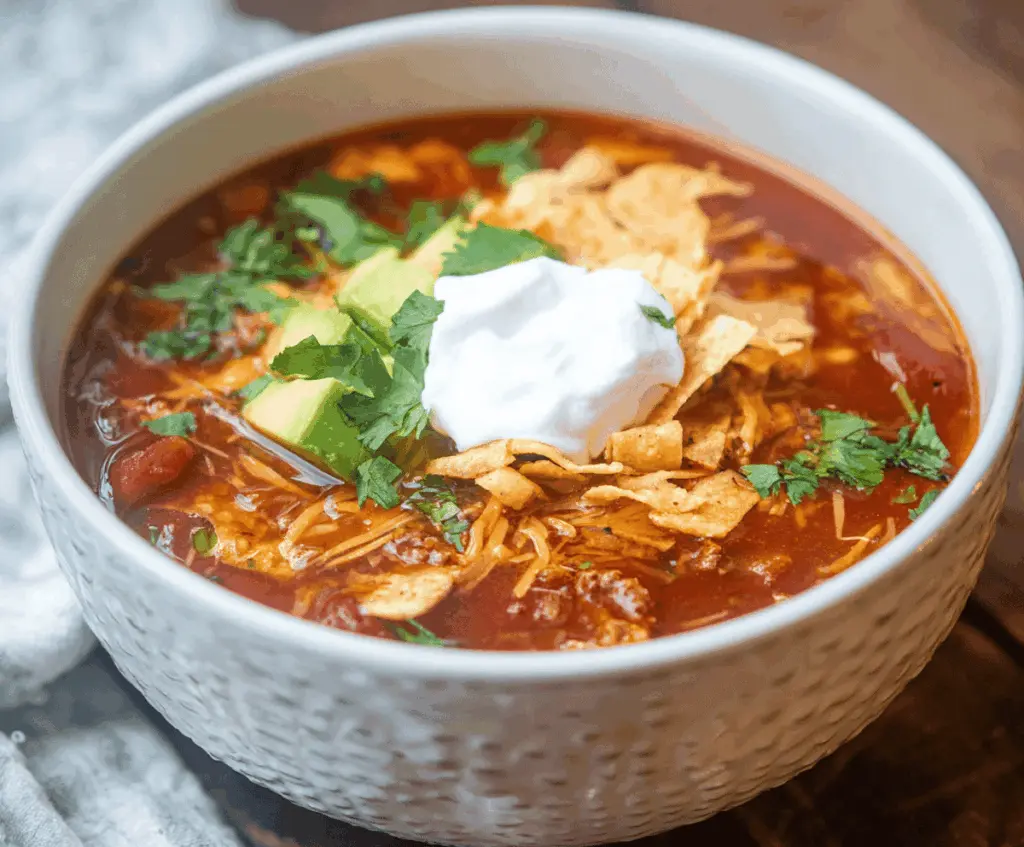 Creamy Instant Pot Loaded Taco Soup in a bowl with fresh toppings, served in a cozy kitchen setting.