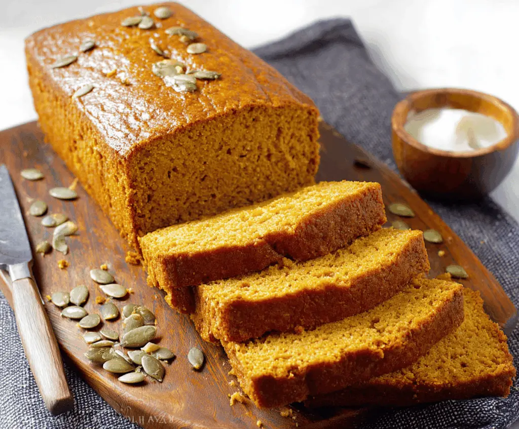 Delicious homemade keto pumpkin bread topped with walnuts, perfect for low-carb fall baking