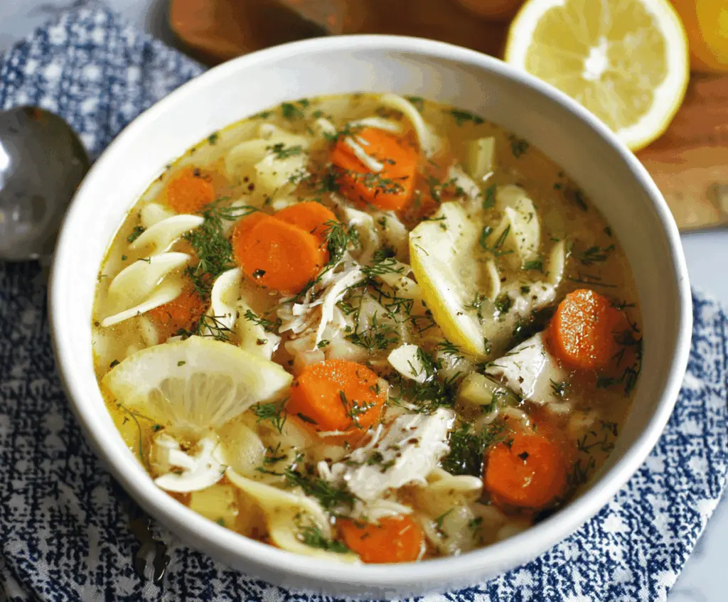 A bowl of Lemon Dill Chicken Noodle Soup topped with fresh herbs and lemon slices, showcasing tender chicken, vegetables, and noodles in a flavorful broth.