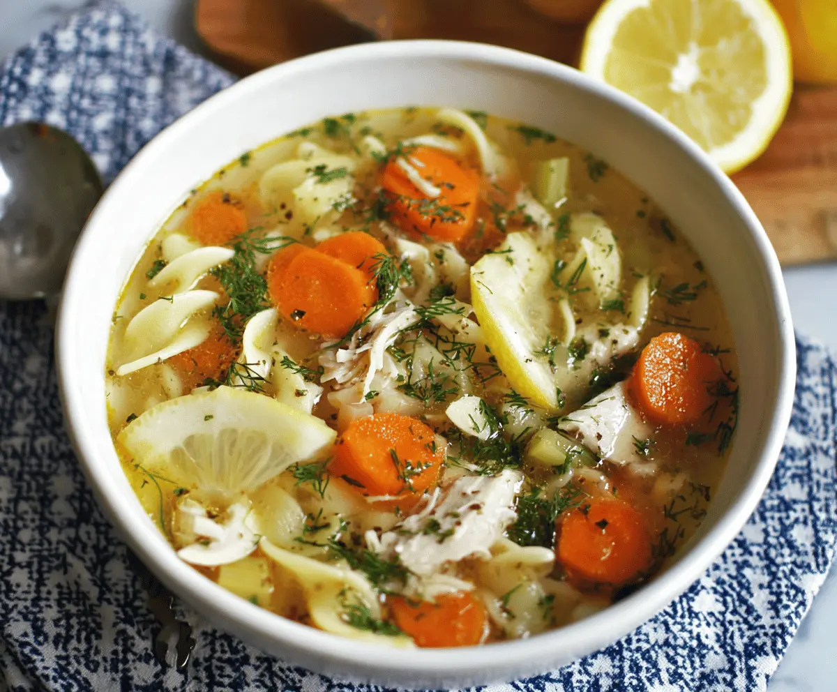 A bowl of Lemon Dill Chicken Noodle Soup topped with fresh herbs and lemon slices, showcasing tender chicken, vegetables, and noodles in a flavorful broth.