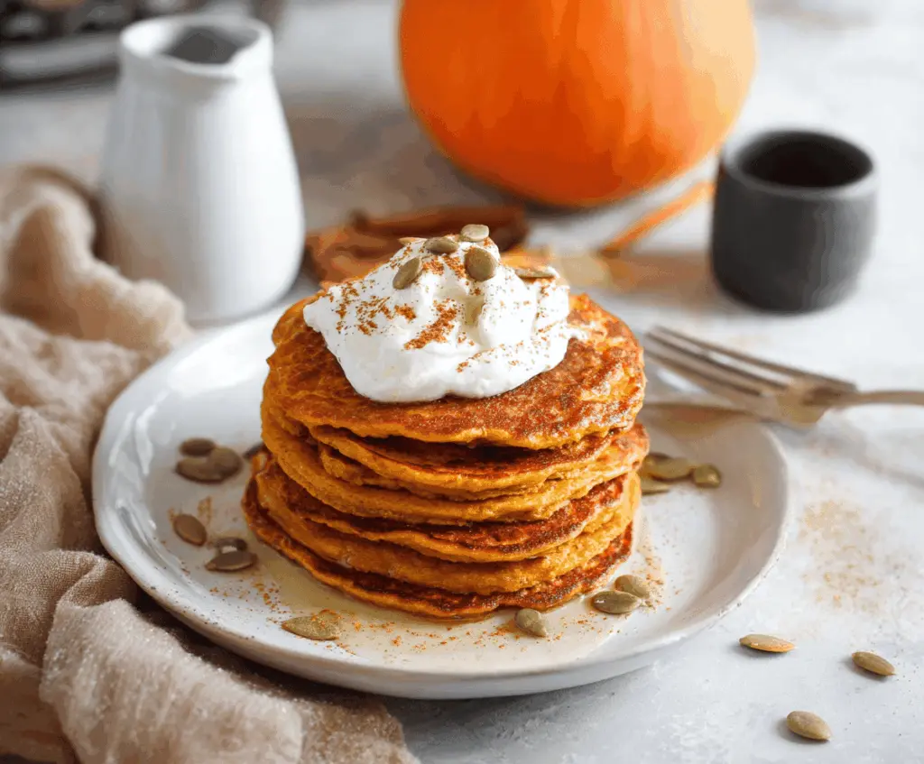 Delicious pumpkin cottage cheese pancakes topped with warm spices, served on a plate with fresh fruit and maple syrup