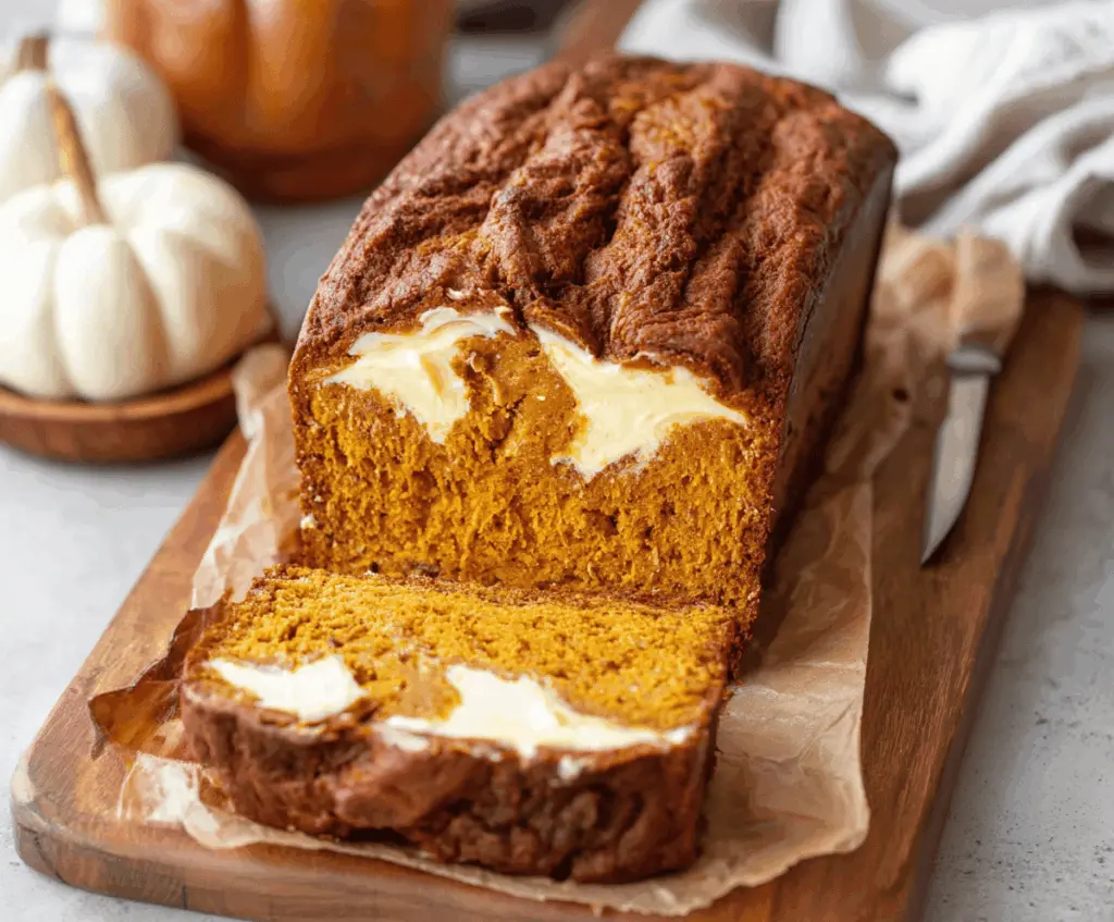 Delicious homemade pumpkin cream cheese bread sliced and ready to serve, featuring a moist texture and a swirl of cream cheese filling, perfect for fall desserts or breakfast.
