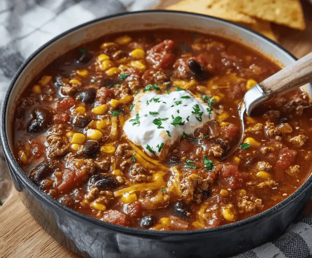 Creamy Ranch Taco Soup served in a bowl with fresh cilantro, shredded cheese, and tortilla chips garnished on top.