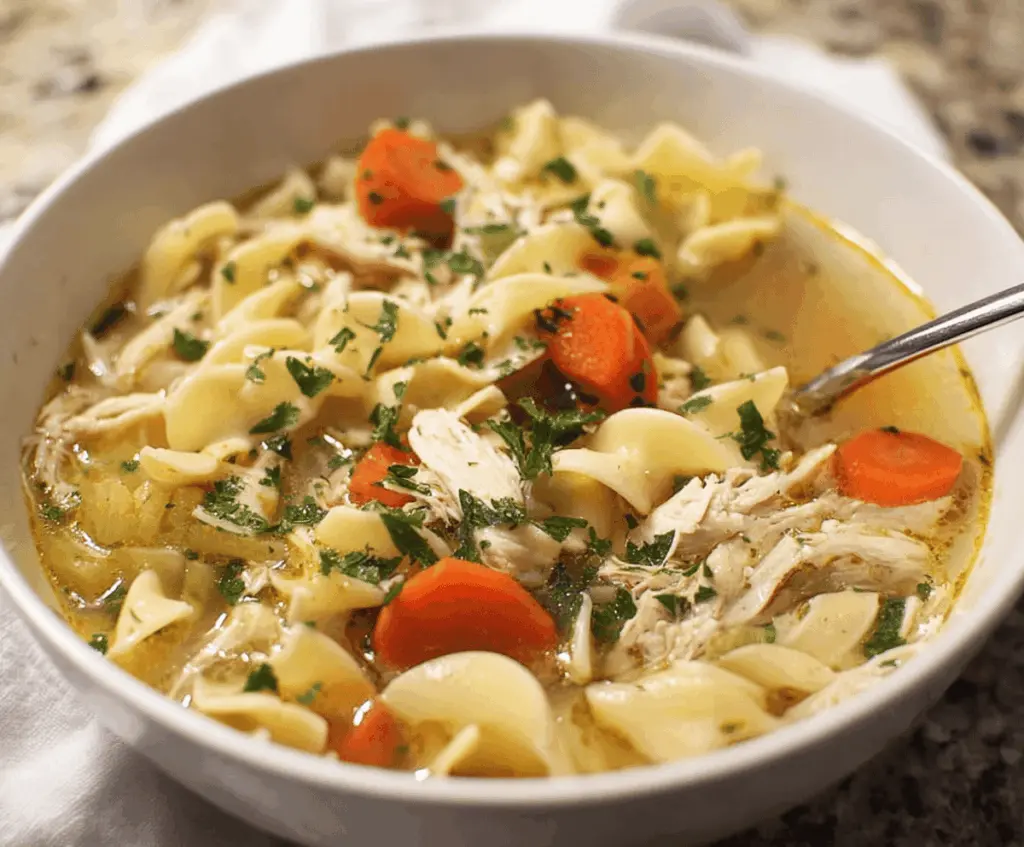 A steaming bowl of homemade slow cooker chicken noodle soup with tender chicken, carrots, celery, and egg noodles garnished with fresh herbs, perfect for comforting meals.