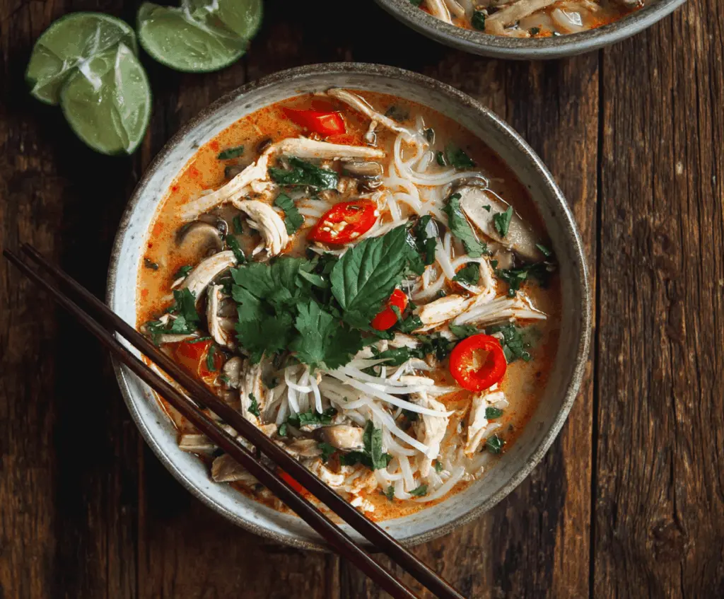 Delicious bowl of Thai Chicken Noodle Soup with fresh herbs, vegetables, and tender chicken in a flavorful broth