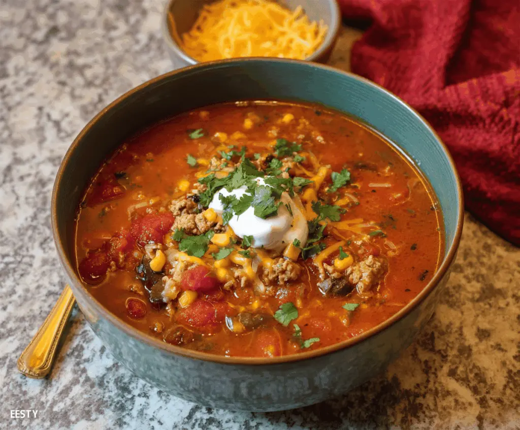 A bowl of flavorful Turkey Taco Soup garnished with shredded cheese, fresh cilantro, and lime wedges, showcasing a hearty and colorful Mexican-inspired dish.