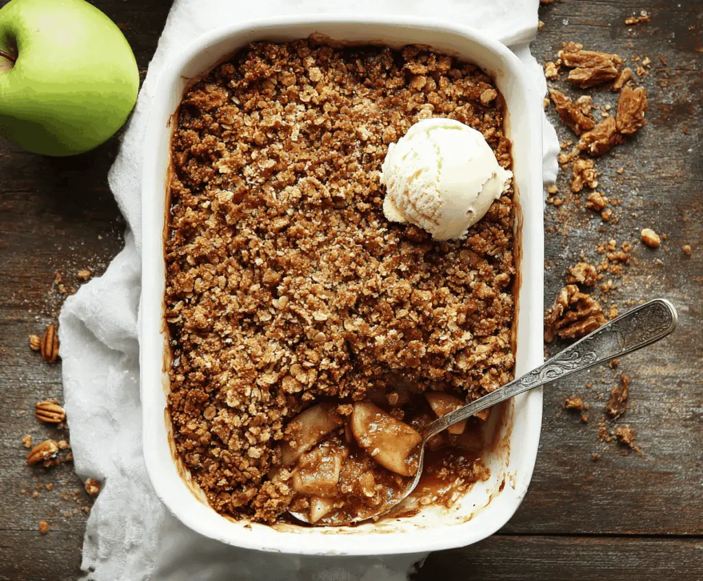 Delicious vegan apple crisp topped with crispy oats and cinnamon served in a baking dish, perfect for a healthy dessert.