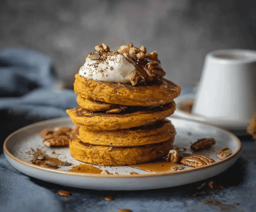 Delicious fluffy vegan pumpkin pancakes topped with maple syrup and fresh autumnal berries, perfect for a cozy breakfast.