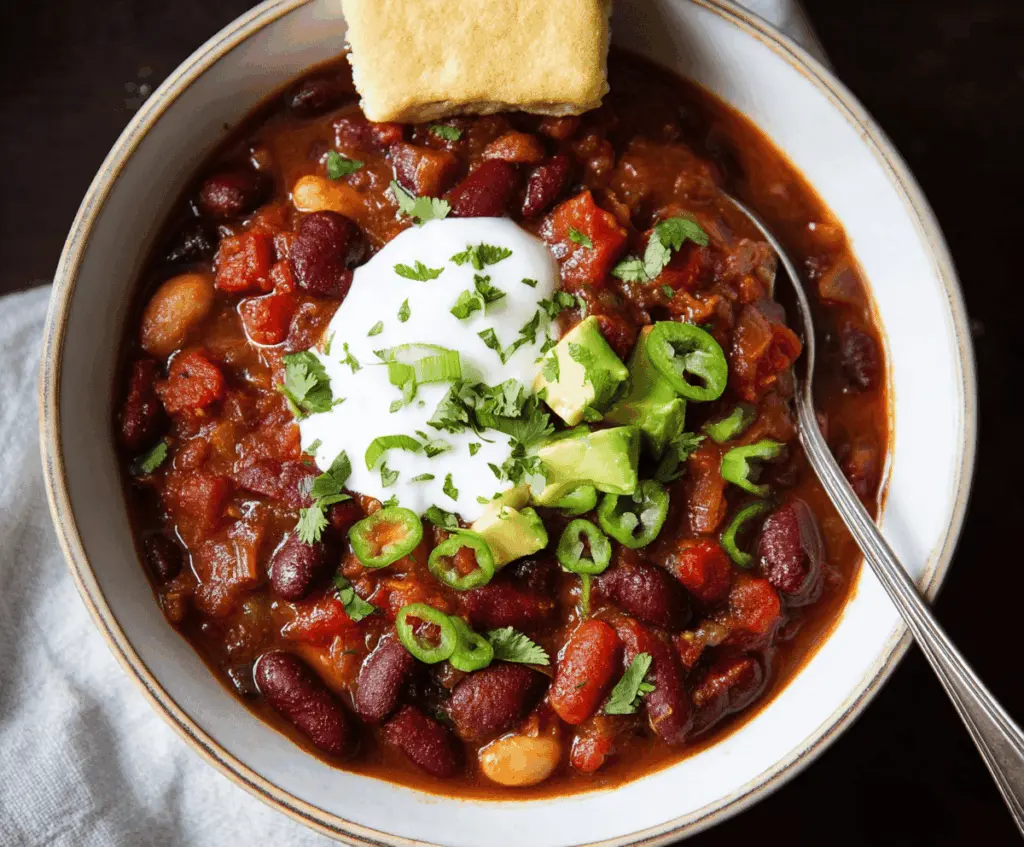 Hearty 3-Bean Chili in a bowl topped with shredded cheese and fresh herbs, featuring kidney beans, black beans, and pinto beans.