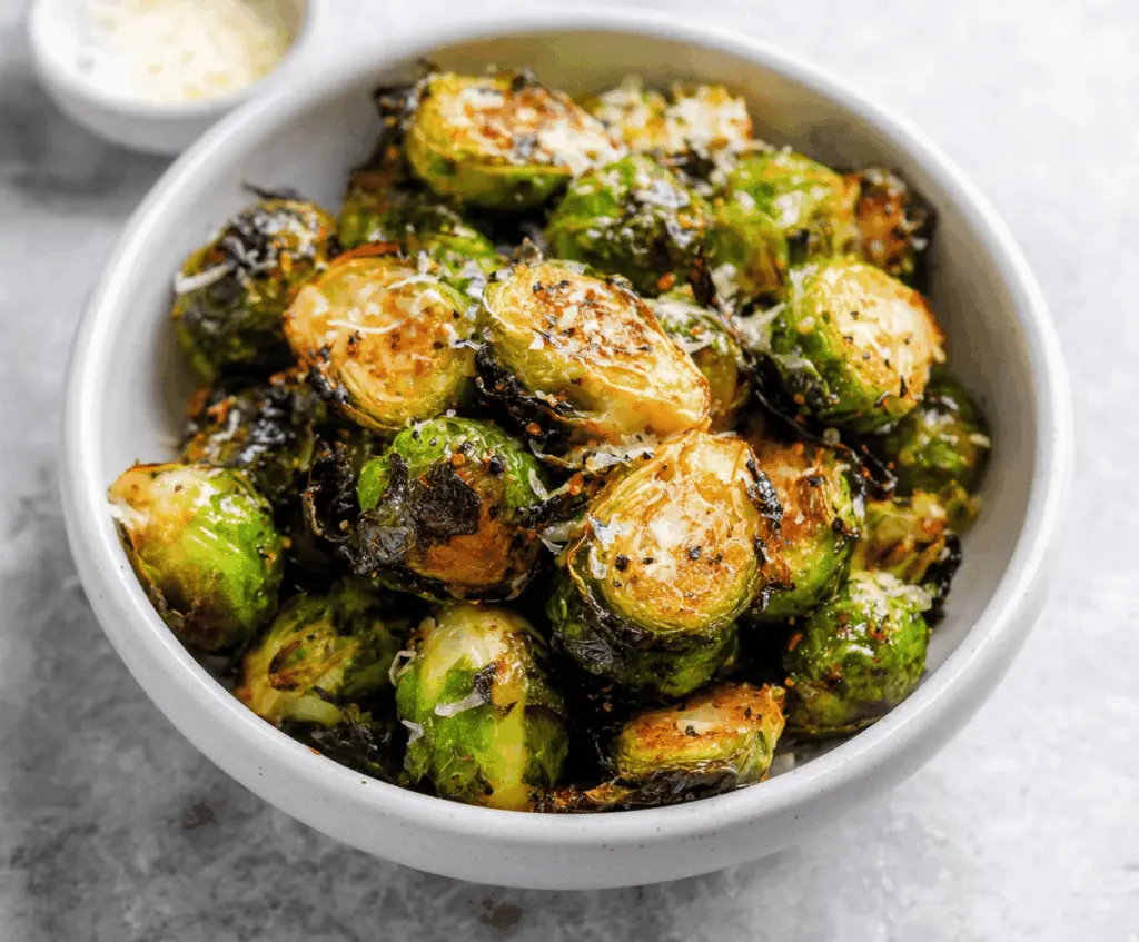 Crispy roasted Brussels sprouts cooked in an air fryer, garnished with olive oil and seasoning, perfect for a healthy snack or side dish