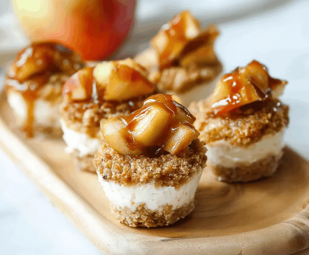 Delicious apple cheesecake bites with a creamy filling topped with fresh apple slices and a graham cracker crust, perfect for snacking or dessert.