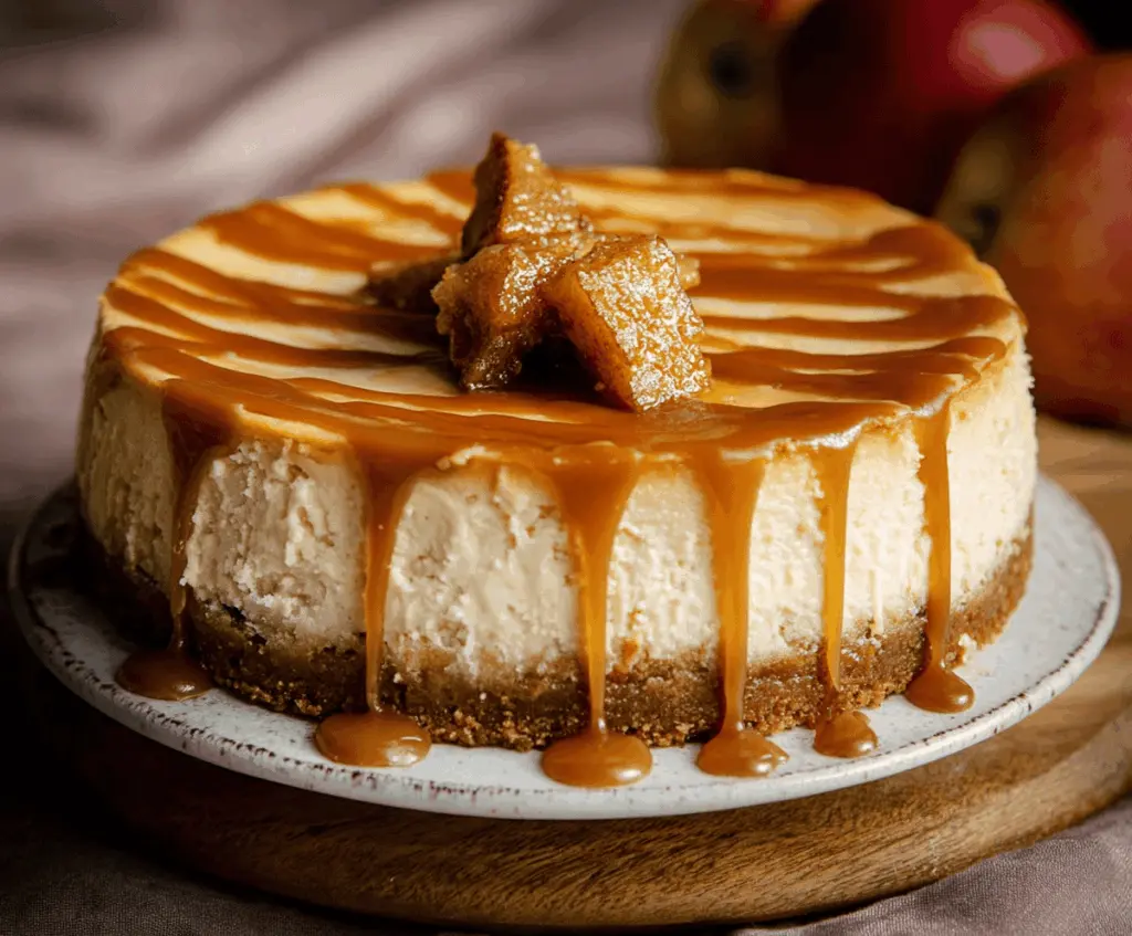Delicious Apple Cider Cheesecake topped with caramelized apples and whipped cream.