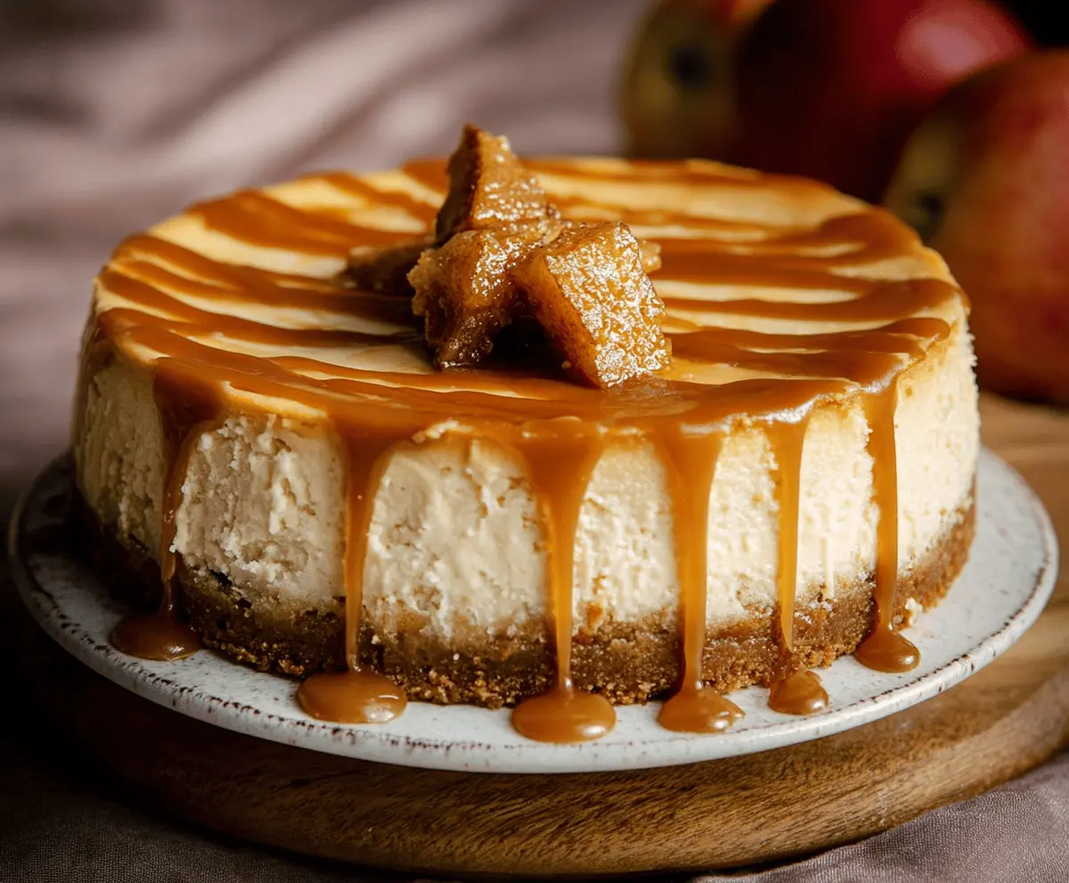 Delicious Apple Cider Cheesecake topped with caramelized apples and whipped cream.