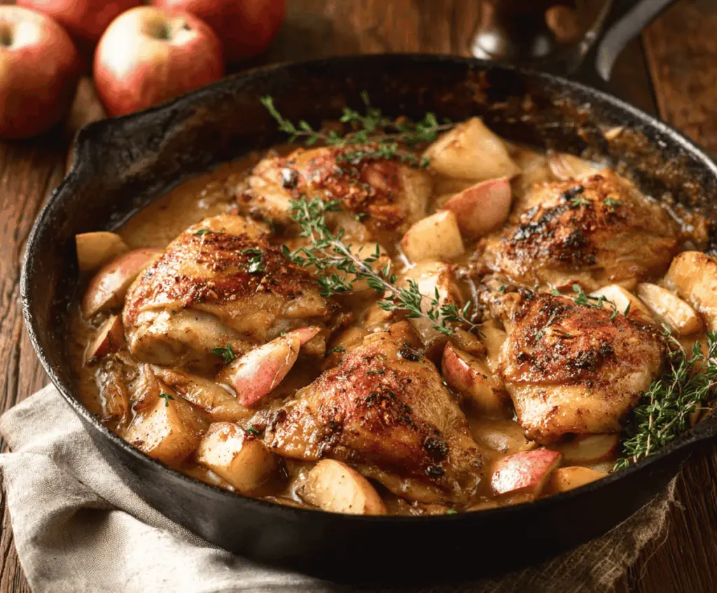 Delicious Apple Cider Chicken recipe with tender cooked chicken breasts topped with apple slices and fresh herbs, served on a rustic plate for a flavorful fall dinner.