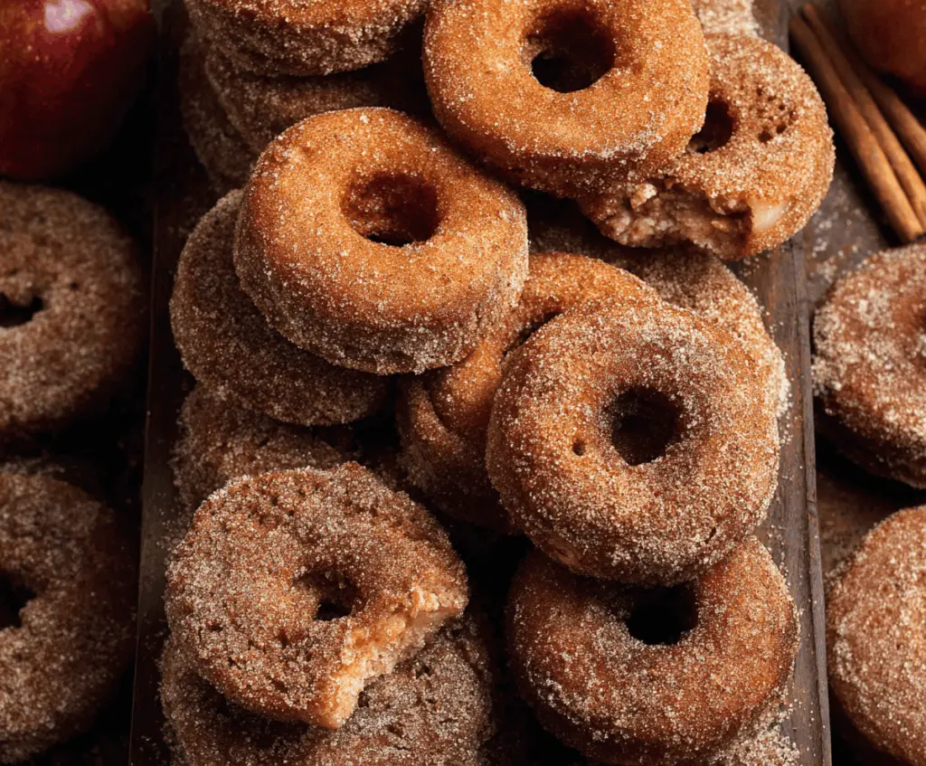 Freshly made apple cider donuts topped with cinnamon sugar on a rustic wooden surface, perfect for fall indulgence.