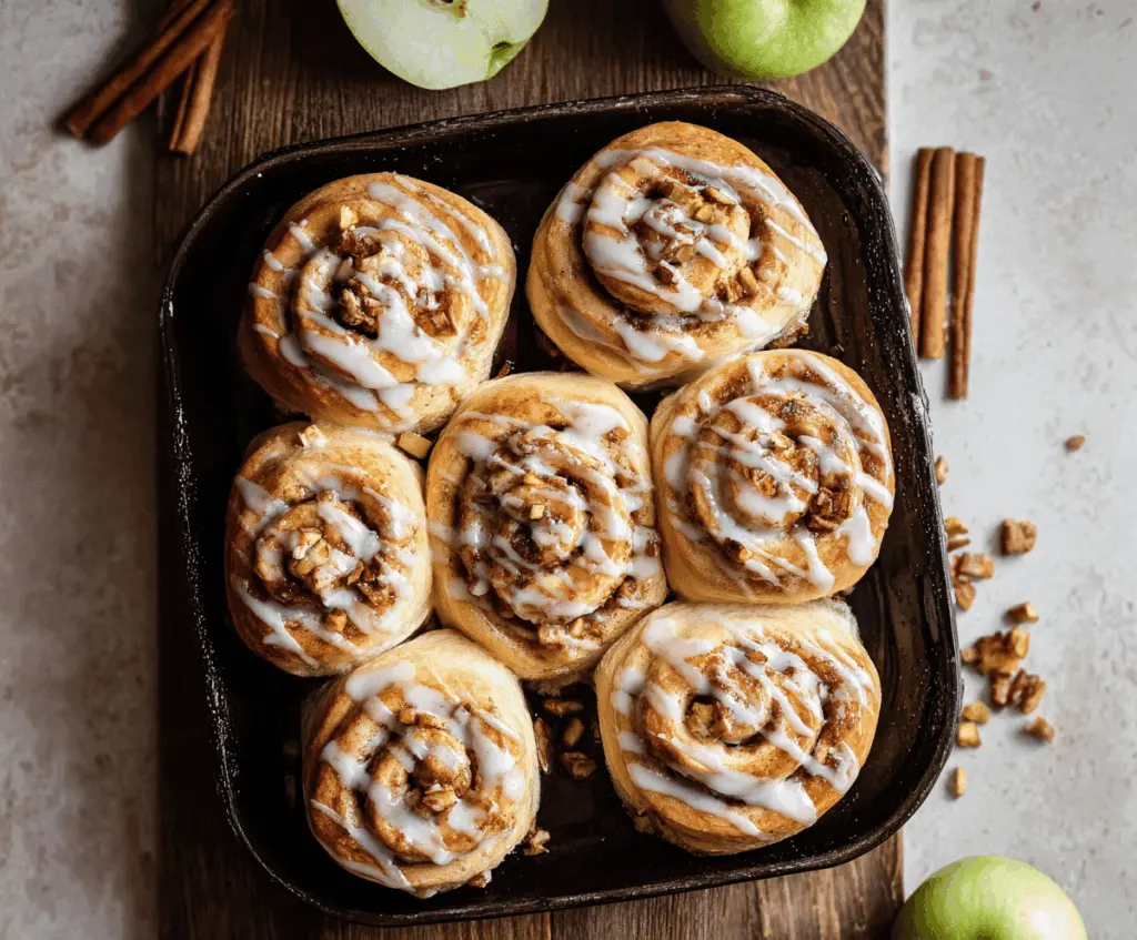 Delicious freshly baked apple cinnamon rolls topped with icing and cinnamon, ready to enjoy as a sweet breakfast or dessert.