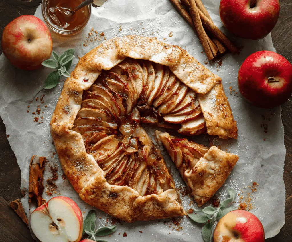 Delicious homemade apple galette with golden crust and cinnamon-spiced apple filling on a rustic wooden table