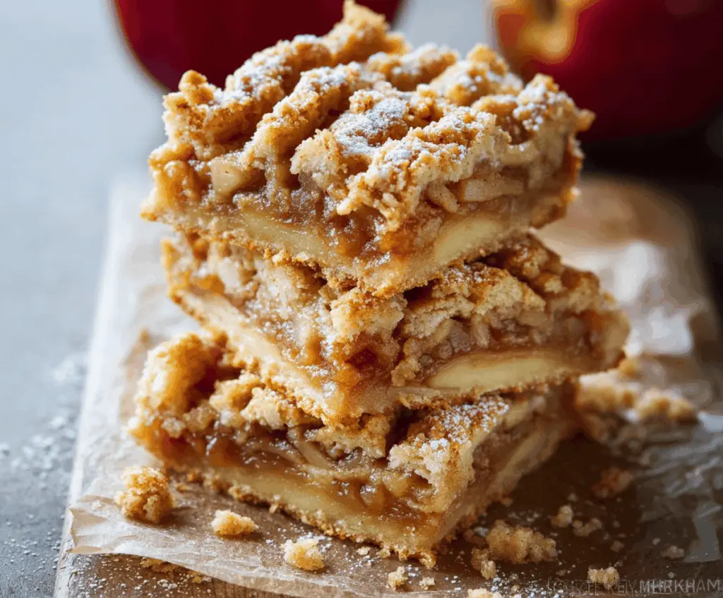 Delicious homemade apple pie bars with golden crust and cinnamon-spiced apple filling on a rustic wooden table