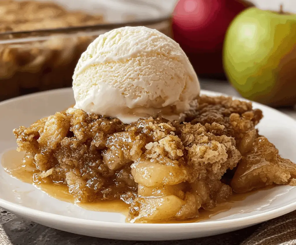 Delicious homemade apple pie dump cake topped with whipped cream and cinnamon, served in a baking dish