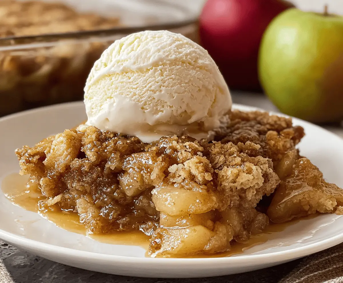Delicious homemade apple pie dump cake topped with whipped cream and cinnamon, served in a baking dish